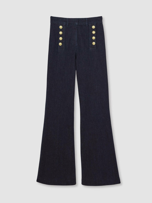 Petite Button-Detail High-Rise Flared Jeans Dark Blue | Womens